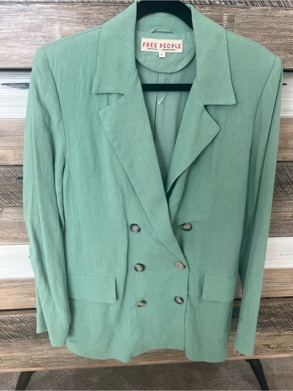 Free People Double-Breasted Mint Green Linen Blazer